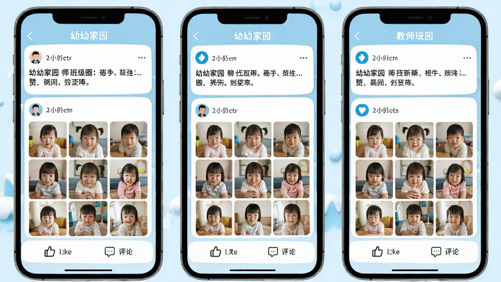 幼幼家园教师班级圈功能界面,手机屏幕中展示多条带图片的动态卡片,每张卡片显示发布时间、文字描述和九宫格照片,底部有点赞和评论图标,界面风格明亮活泼,配色以白色和浅蓝色为主,细节清晰,画质干净,无多余元素
