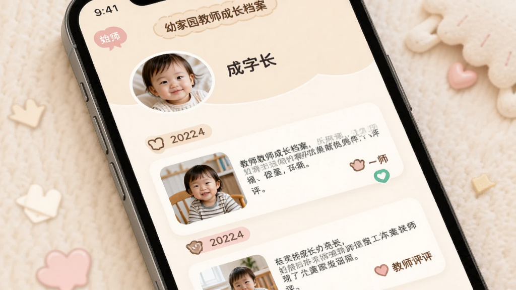 幼幼家园教师成长档案页面,手机屏幕中显示一名幼儿的头像和姓名,下方按时间排列多条成长记录,包含照片、文字描述和教师评语,界面温馨柔和,配色以米色和淡粉色为主,细节包含日期标签和分类图标,画质清晰,无多余元素