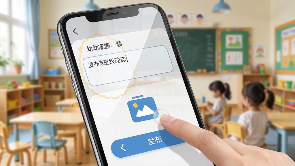 幼幼家园教师移动端操作示意图,手机屏幕中显示教师正在发布班级动态,界面包含文字输入框、图片上传按钮和发布按钮,背景为幼儿园教室场景,风格写实清晰,细节包含手指点击动作和屏幕反光效果,画质干净,无多余元素