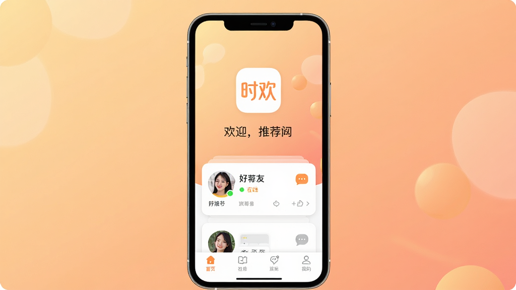 软件“时欢”主界面全貌展示,中央为品牌Logo与欢迎语,背景为柔和的渐变暖色调,主体为手机屏幕内显示推荐好友卡片与底部导航栏,布局采用居中对称排版,风格清新现代社交应用视觉,细节包含头像、在线状态标签、消息气泡图标,画质高清,干净,无多余元素