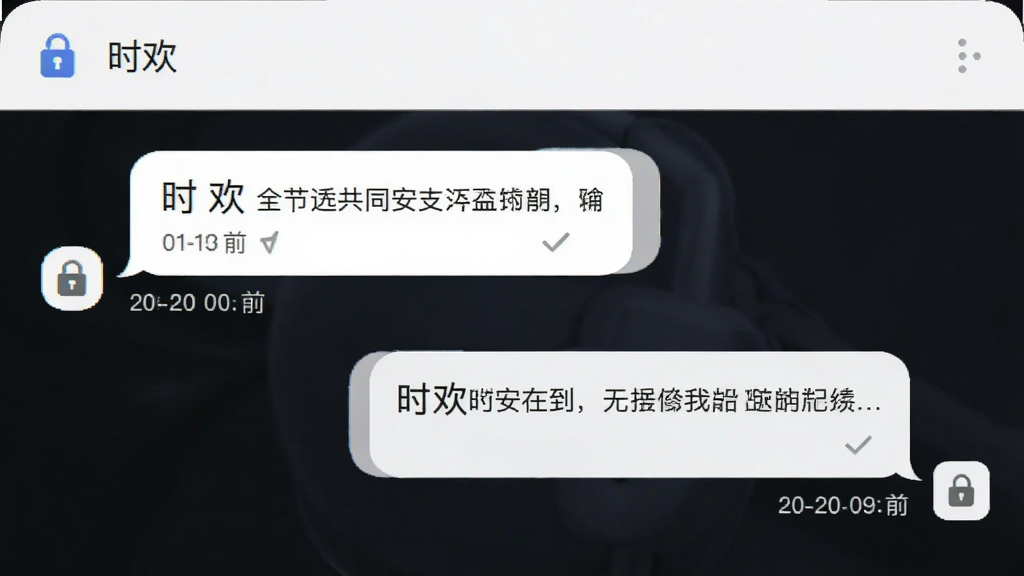 “时欢”聊天对话界面,主体为左右气泡消息与加密锁图标,布局上下排列,排版清晰,风格简约安全视觉,细节包含时间戳与已读小勾,画质高清,干净,无多余元素