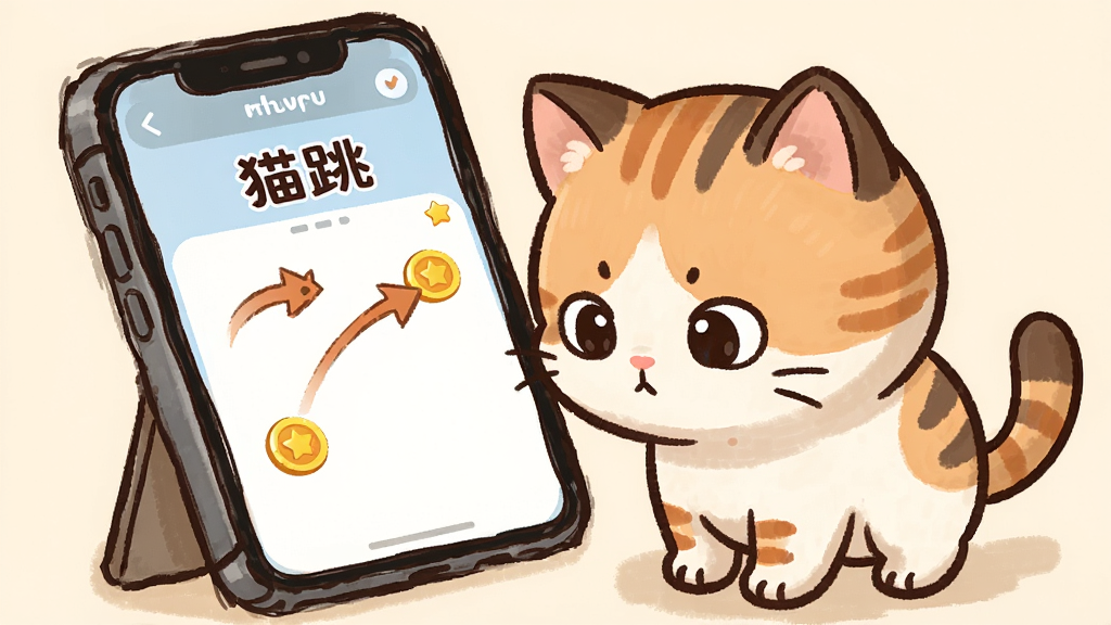 一只小猫站在手机屏幕前,主体为猫咪与手机界面,布局为猫咪低头看着手机屏幕,排版突出新手引导界面,风格为温馨卡通插画风格,细节包括手机屏幕上显示的教学箭头、跳跃轨迹、金币图标,猫咪表情认真可爱,画质高清、干净、无多余元素,画面中标注文字