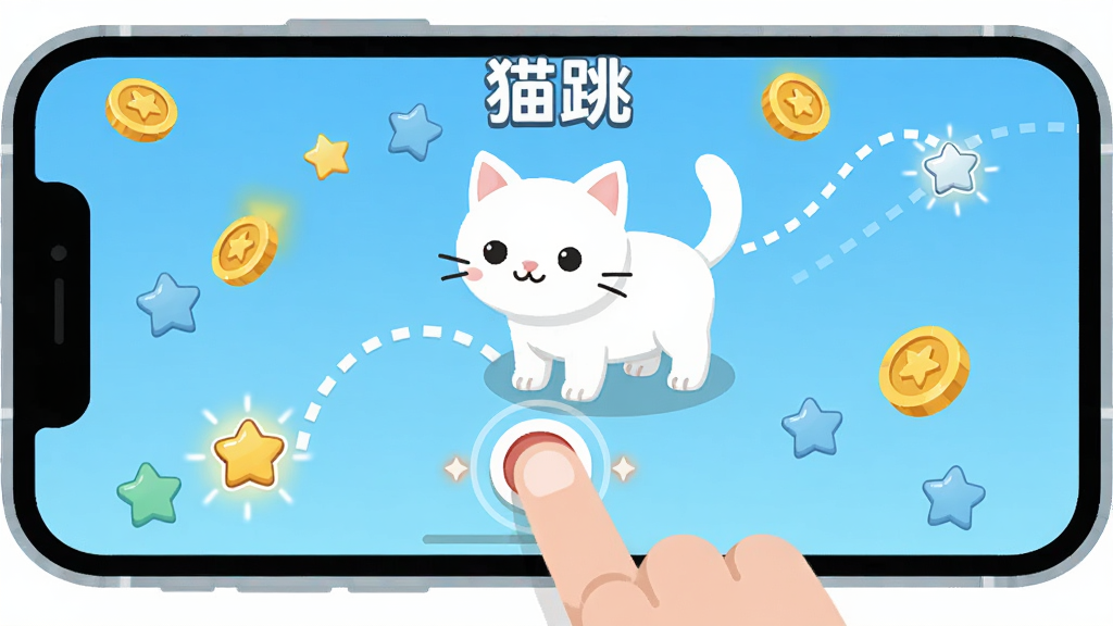 一只白色小猫站在手机屏幕中央,主体为猫咪与触控手指的互动场景,布局为手机界面与猫咪结合,排版突出单指点击操作,风格为扁平化休闲游戏UI风格,细节包括屏幕上的点击特效、跳跃轨迹虚线、周围漂浮的星星和金币,画质高清、干净、无多余元素,画面中标注文字
