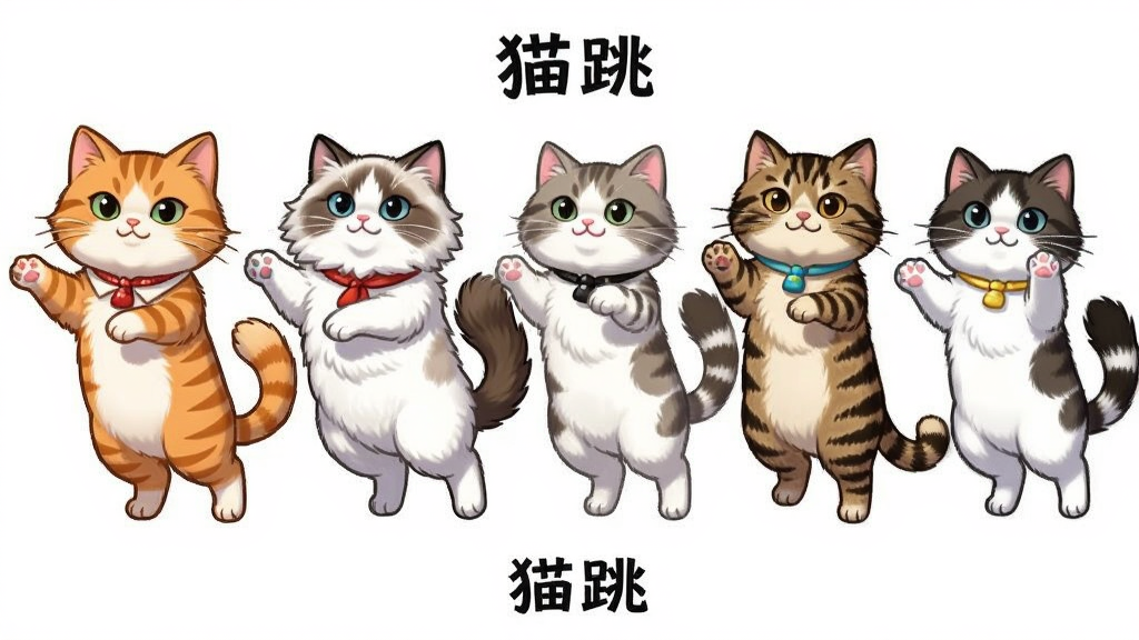 多只不同品种的猫咪角色排成一排,主体为橘猫、布偶猫、狸花猫等卡通猫咪形象,布局为横向排列展示,排版清晰展示每只猫咪的特点,风格为可爱卡通角色设计图,细节包括每只猫咪不同的表情、毛色、配饰和跳跃姿态,画质高清、干净、无多余元素,画面中标注文字
