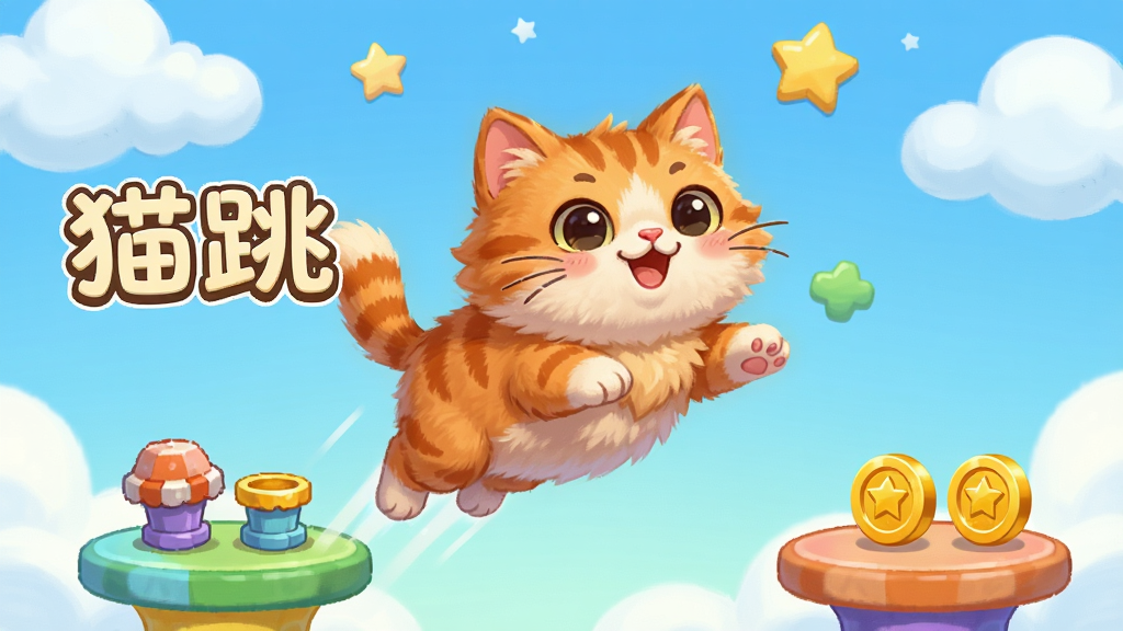 一只可爱的橘猫在色彩缤纷的卡通平台上向上跳跃,主体是猫咪跳跃的动态瞬间,布局为居中构图,上方有云朵和星星点缀,排版简洁明快,风格为清新卡通休闲游戏画风,细节包括猫咪开心的表情、毛茸茸的质感、平台上的小道具和金币,画质高清、干净、无多余元素,画面中标注文字