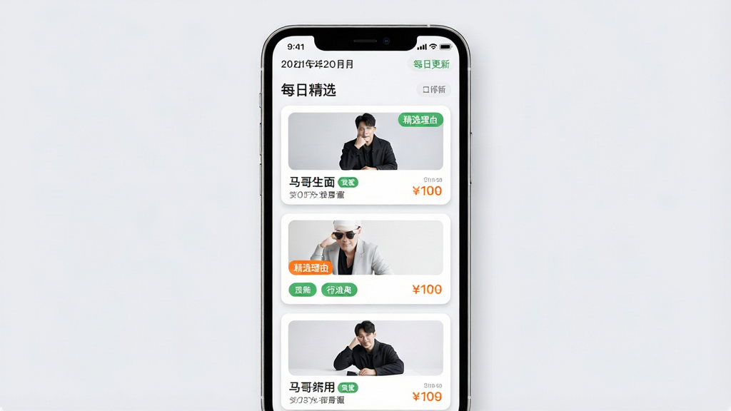 ���羫ѡӦ���ڡ�ÿ�վ�ѡ�����Ľ����ͼ������������һ���ֻ���Ļ����Ļ��չʾ������Ʒ��Ƭ�������У�ÿ�ſ�Ƭ������ƷͼƬ�����ơ���ѡ���ɱ�ǩ�ͼ۸���Ϣ������Ϊ���½ṹ�����������ں͡�ÿ�ո��¡����������Ϊ����ǳɫUI��ƣ�����Ϊ����ɫ��ϸ���Ͽ�Ƭ������΢ͶӰ����ǩʹ�ó�ɫ����ɫ���֣����ʸ��壬�ɾ����޶���Ԫ�ء�