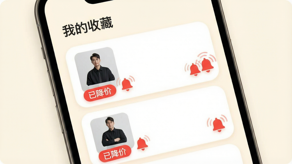 ���羫ѡ�ղؼ��뽵�����ѽ��棬����Ϊ�ֻ���Ļ����Ļ����ʾ�ղ���Ʒ�б���ÿ����Ʒ�·��С��ѽ��ۡ���ɫ��ǩ������ͼ�ꣻ����Ϊ�����б��������С��ҵ��ղء����⣻���Ϊ���Բ�ǿ�Ƭ��ƣ�����Ϊ�װ�ɫ��ϸ��������ͼ�������΢��Ч�У����۱�ǩ��Ŀ�������������ɾ����޶���Ԫ�ء�