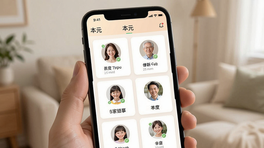 一张“本元”应用中家庭健康管理页面的图片,画面中手机屏幕显示多个家庭成员头像卡片,布局整齐,风格温馨柔和,细节清晰,画质干净,无多余元素
