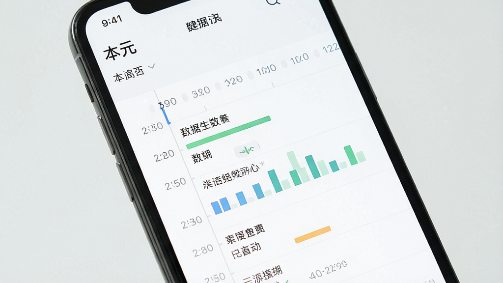 一张“本元”应用中健康数据记录页面的图片,画面中手机屏幕显示日历式时间线和数据条目,布局清晰,风格简约清新,细节丰富,画质干净,无多余元素