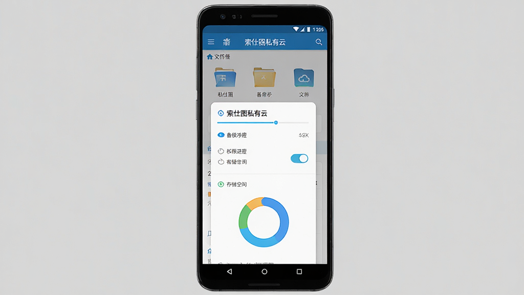 索仕图私有云移动端操作界面截图风格图,画面主体为一部安卓手机,屏幕上显示索仕图私有云的文件备份页面与权限设置弹窗,布局采用竖版手机展示排版,风格为真实应用界面风格,细节包括备份进度条、权限开关、存储空间环形图,画面中文字标注“索仕图私有云”,画质高清,干净,无多余元素