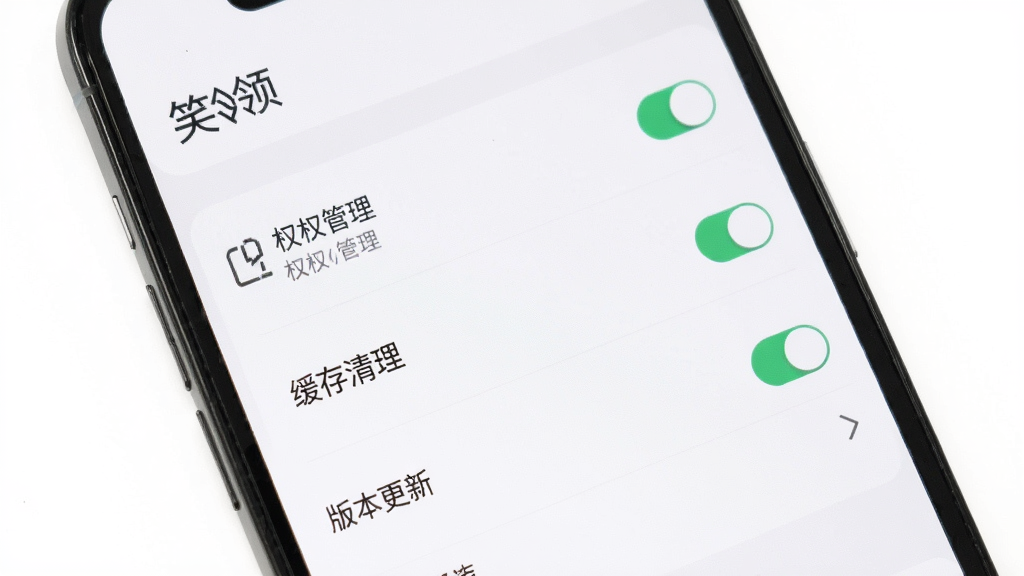 手机屏幕显示“笑领”应用的设置页面,页面中排列着权限管理、缓存清理、版本更新等选项,布局为竖向列表,风格清爽扁平,细节包括开关按钮与箭头图标,画质干净无杂乱元素,背景为纯白色