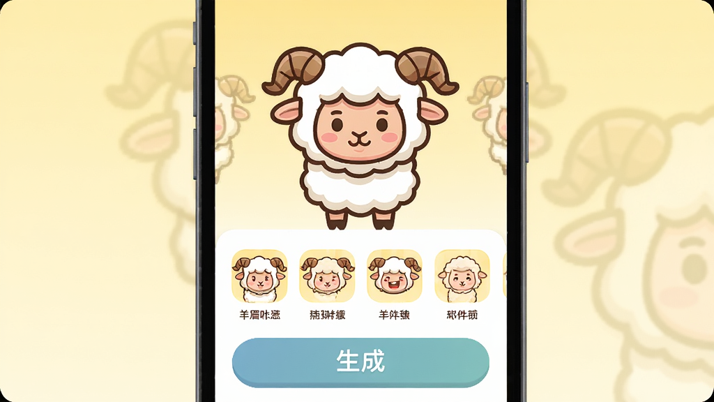 一张手机屏幕展示羊眉吐气软件主界面,画面中央是一只卡通羊形象站在手机界面上方,下方排列多个表情包缩略图和生成按钮,背景为浅黄色渐变,风格为扁平卡通插画风,细节包含可爱的羊角、圆润图标和清晰的按钮文字,画质高清干净无多余元素