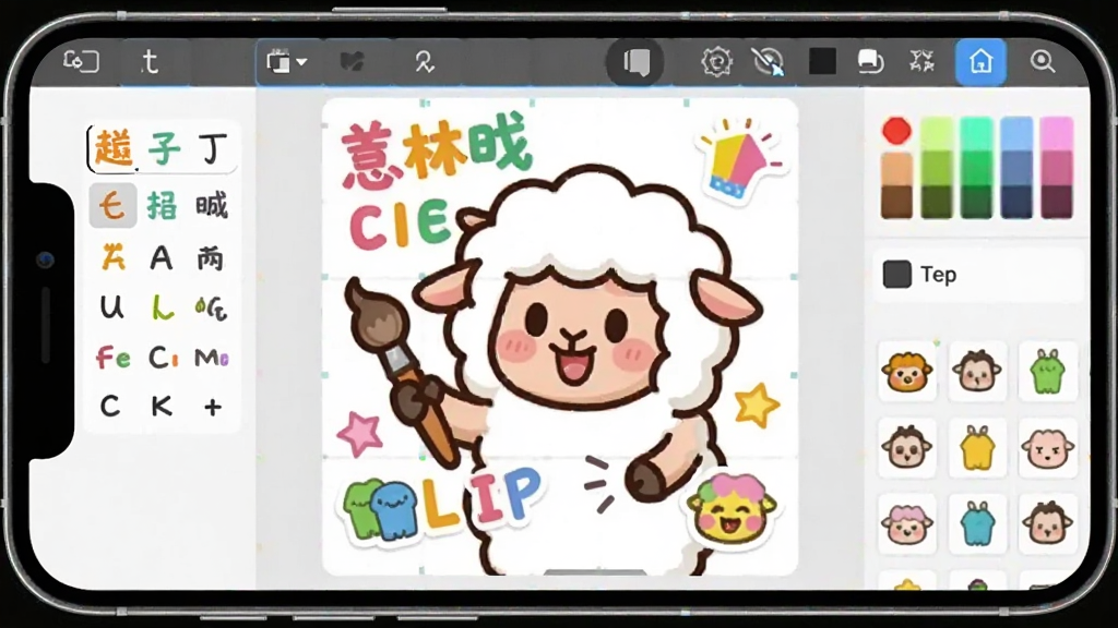手机屏幕中一张表情包正在编辑,画面中央有一只卡通羊举着画笔在图片上添加彩色文字和贴纸,布局为编辑器界面,风格为活泼卡通风格,细节包含字体选择栏、颜色面板和贴纸库,画质清晰干净无多余元素