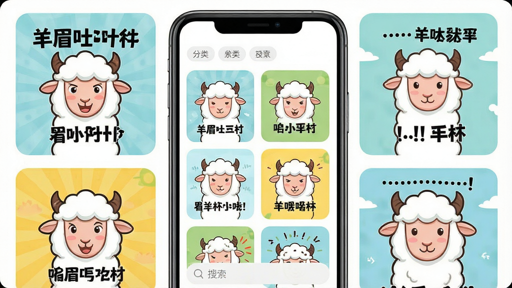 一张展示羊眉吐气模板库界面的图片,画面主体为手机屏幕中排列整齐的模板缩略图,每张缩略图中有不同的卡通羊形象和搞笑文字,布局为三列网格排列,风格为清新明快的UI设计风,细节包含圆角卡片、分类标签和搜索框,画质清晰干净无多余元素