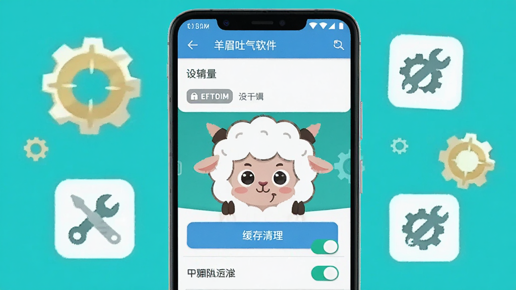 一部安卓手机屏幕显示羊眉吐气软件的编辑界面,画面中有卡通羊形象在操作手机,周围环绕齿轮和工具图标表示设置和优化,布局为手机居中展示,风格为科技卡通扁平风,细节包含设置菜单、缓存清理按钮和权限开关,画质高清干净无多余元素
