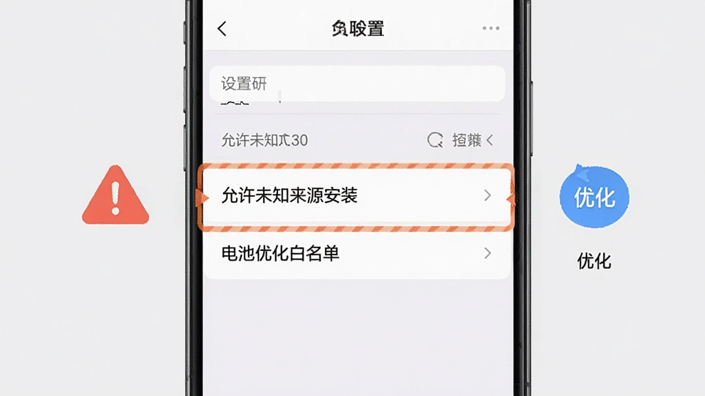光鸭云盘移动端操作界面示意图,画面中一部手机展示设置菜单,高亮标注“允许未知来源安装”和“电池优化白名单”选项,旁边有红色警示图标和蓝色优化图标,背景为浅灰色,风格清晰直观,细节干净
