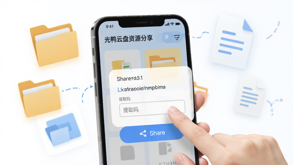 光鸭云盘资源分享界面示意图,画面中一只手点击手机屏幕上的分享按钮,弹出链接和提取码输入框,背景有文件夹和文档图标漂浮,风格清新明快,细节清晰,画质干净