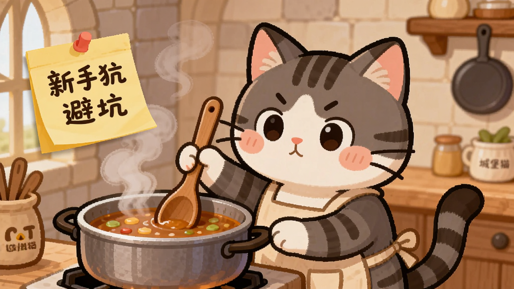 一只穿着围裙的猫咪站在城堡厨房里,手持木勺正在搅拌锅里的汤,旁边贴着写有