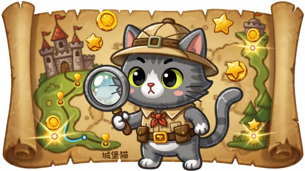 一只戴着探险帽的灰色猫咪站在城堡地图前,地图上标记着多个任务点,猫咪手持放大镜,周围漂浮着金币和星星图标,主体居中,画面风格为冒险主题的卡通插画,细节包括地图的羊皮纸质感、任务点的发光效果、猫咪的专注表情,画质高清干净,无多余元素,画面中带有