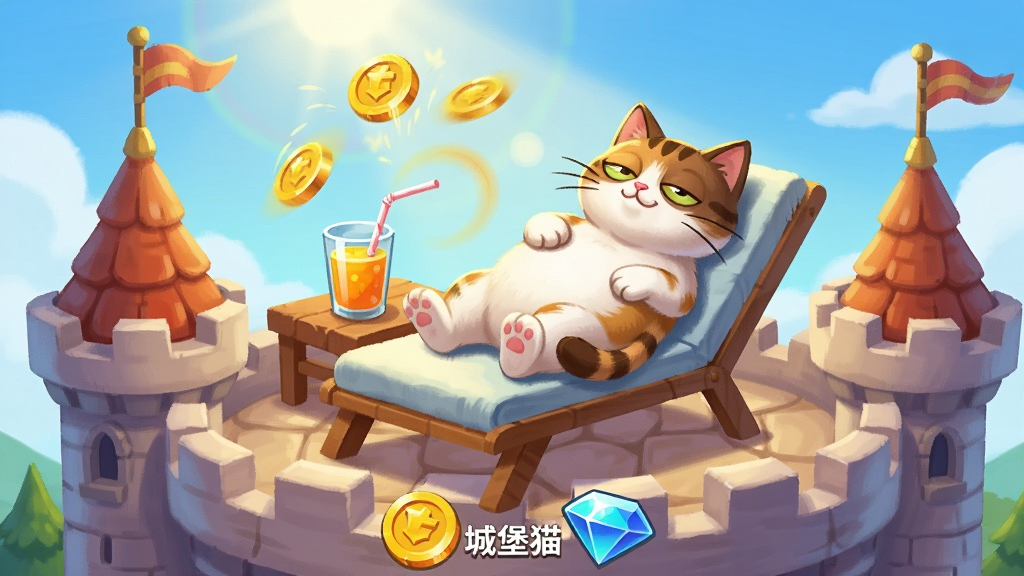 一只猫咪躺在城堡屋顶的躺椅上晒太阳,旁边放着一杯果汁,城堡下方显示金币和钻石自动增加的图标,主体居中,画面风格为轻松悠闲的卡通插画,细节包括猫咪慵懒的姿态、阳光的光晕效果、金币飘浮的动感,画质高清干净,无多余元素,画面中带有