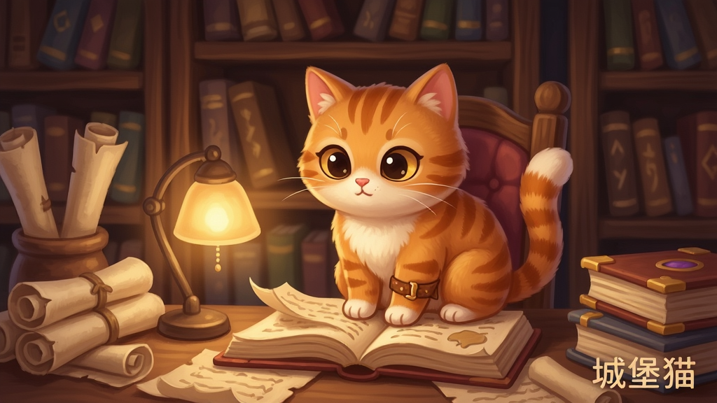 一只橘色条纹猫咪坐在城堡书房的书桌上,周围散落着羊皮纸卷轴和魔法书籍,猫咪面前摆放着一盏小台灯,背景是摆满藏书的木质书架,主体居中,画面风格为温暖治愈的卡通插画,细节包括猫咪专注的眼神、书页的翻卷质感、台灯的暖光晕染,画质高清干净,无多余元素,画面中带有