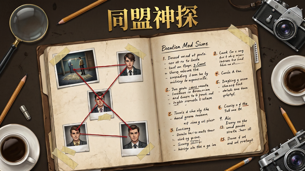 画面主体是一本摊开的侦探卷宗,左侧页面贴着案发现场照片与红线连接的人物关系图,右侧页面写满手写笔记与线索编号。布局采用俯视桌面视角,卷宗居中,四周散落放大镜、铅笔、咖啡杯与老式相机。排版上卷宗顶部印有“同盟神探”烫金标题。风格为复古手账与悬疑插画结合,细节包括纸张纹理、红线交叉点、照片边缘的胶带痕迹。画质高清,干净,无多余元素。