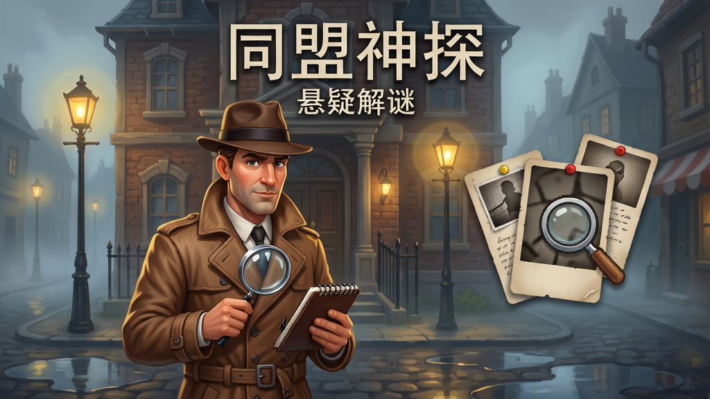 画面主体是一位身穿棕色风衣、头戴软呢帽的侦探站在欧式老宅门前,左手持放大镜,右手拿着笔记本,背景是雾气弥漫的街道与昏黄路灯。布局采用竖版构图,人物居中偏左,右侧留出空间放置悬浮的案件线索卡片与放大镜图标。排版上游戏名称“同盟神探”以复古打字机字体置于画面顶部,下方配一行小字“悬疑解谜”。风格为欧美卡通写实,细节包括风衣褶皱、砖墙纹理、路灯的光晕与地面水洼倒影。画质高清,干净,无多余元素。