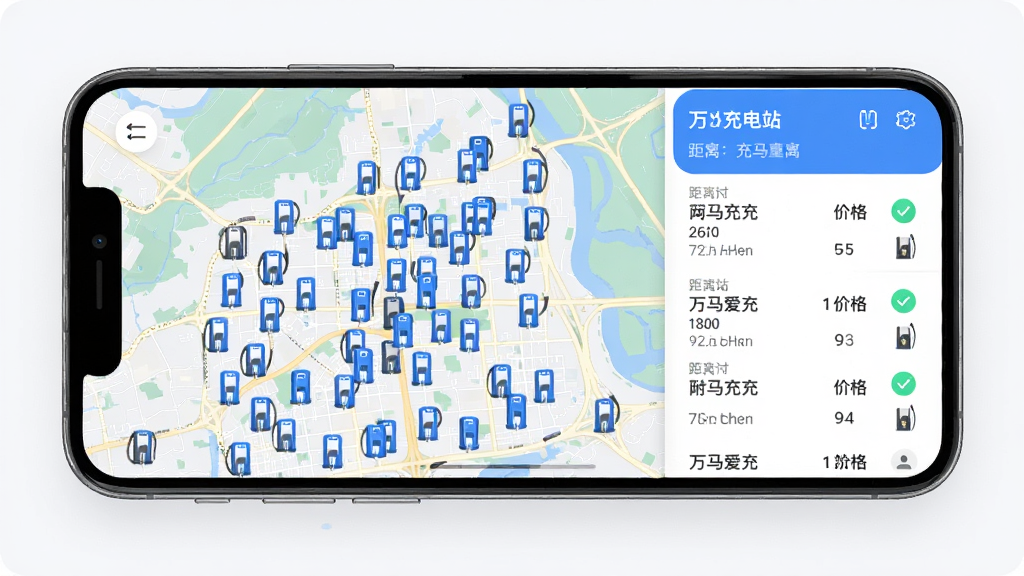 ��������App���׮��ͼ�ֲ����棬����չʾ�ֻ���Ļ�г��е�ͼ���ܲ�����ɫ���׮ͼ�꣬�������ʾ�������վ�б����������롢�۸񡢿�����������Ϣ����ɫ��ˬ�����ֺ���������ִ���Լ��ϸ�ڷḻ�������������޶���Ԫ��