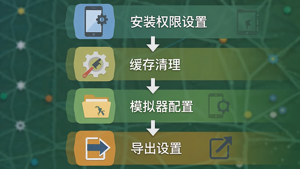 颂拼豆问题解决流程图,画面以信息图形式展示,从上到下依次为安装权限设置、缓存清理、模拟器配置、导出设置四个步骤,每个步骤配有简洁图标和文字说明,布局为垂直流程图,排版清晰,风格为扁平化信息图风格,细节包含手机图标、齿轮图标、文件夹图标、导出箭头,画质高清,干净,无多余元素