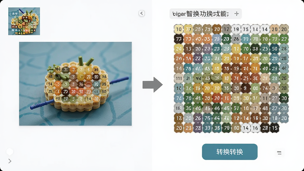 颂拼豆智能转换功能展示,画面左侧是一张彩色照片,右侧是转换后的拼豆图纸,中间有箭头连接表示转换过程,图纸上每个格子标注了色号数字,布局左右对比式,排版清晰,风格为扁平化UI风格,细节包含照片缩略图、像素网格、色号标签、转换按钮,画质高清,干净,无多余元素