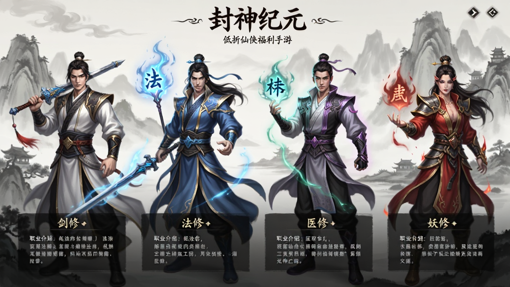 封神纪元-低折仙侠福利手游 职业选择界面,画面展示六个门派角色立绘,分别为剑修、法修、医修、妖修等,每个角色配有武器与光效,背景为水墨山水,界面下方有职业介绍文字,风格为唯美仙侠,画质高清,干净无多余元素