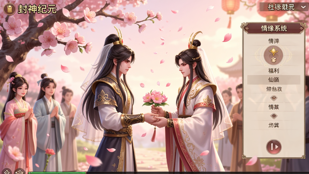 封神纪元-低折仙侠福利手游 社交场景截图,画面展示一对仙侠角色在桃花树下举行婚礼,周围有宾客与花瓣特效,界面显示情缘系统面板,背景为粉色与金色,风格浪漫唯美,画质高清,干净无多余元素