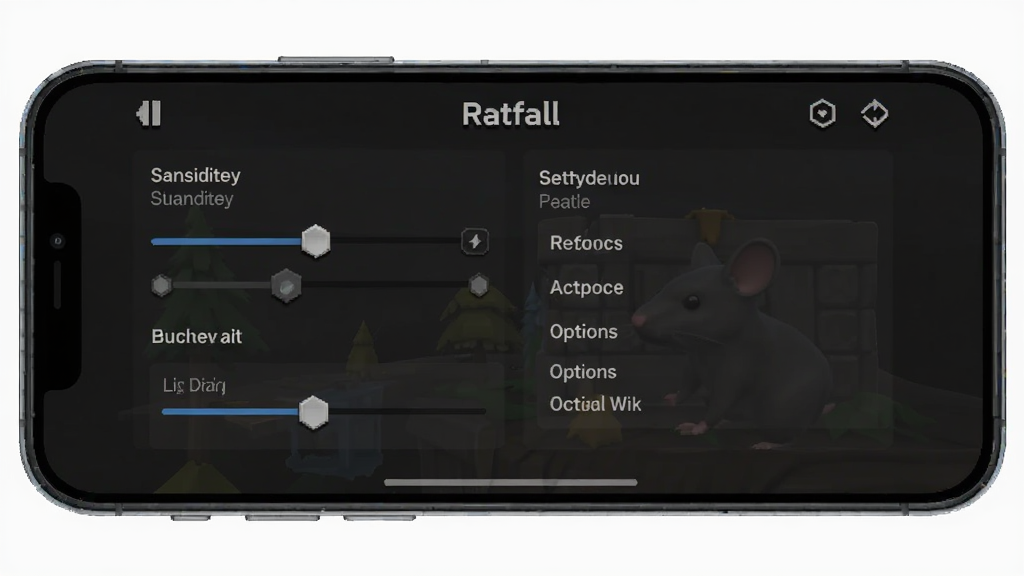 Ratfall 游戏设置界面截图,展示灵敏度调节与画质选项,手机横屏显示,界面简洁,深色主题,画质清晰,干净,无多余元素