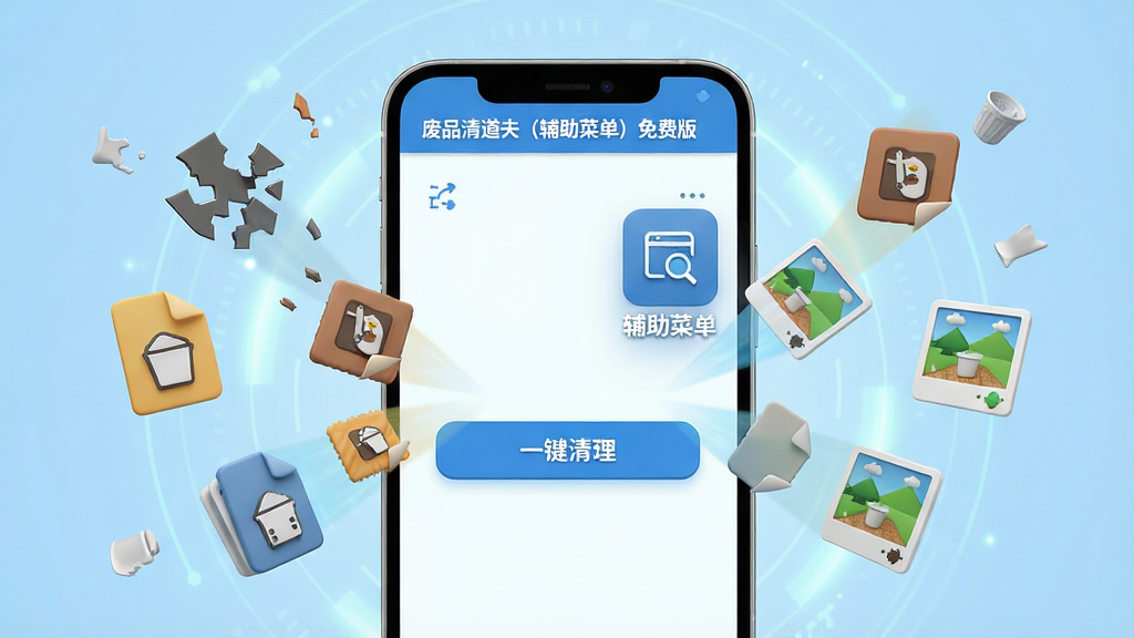 一张展现废品清道夫(辅助菜单)免费版核心全貌的图片,画面中央是一部现代智能手机,手机屏幕亮起,清晰地显示着“废品清道夫(辅助菜单)免费版”的软件主界面,界面布局简洁,包含一键清理按钮和辅助菜单悬浮窗图标。手机周围环绕着代表垃圾文件的虚拟图标,如缓存碎片、残留安装包、缩略图等,这些图标正被吸入手机屏幕中,象征着软件的清理能力。背景为干净的浅蓝色渐变,带有微弱的科技感光晕。主体突出,布局居中,排版清晰,风格为3D渲染科技风,细节丰富,画质高清,画面干净,无多余元素。