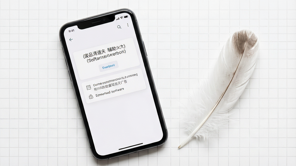 一张展示废品清道夫(辅助菜单)免费版轻量无广告特性的图片。画面主体是一部手机,屏幕上显示着软件的关于页面或主界面,界面干净整洁,没有弹窗广告。手机旁边放置着一片羽毛,象征着软件体积轻巧、运行流畅。背景为纯白色,带有淡淡的灰色网格纹理,营造出简约清爽的氛围。布局为手机居中偏左,羽毛位于右侧。风格为极简主义摄影风格,细节上强调手机屏幕的清晰度和羽毛的柔软质感。画质高清,画面干净,无多余元素。