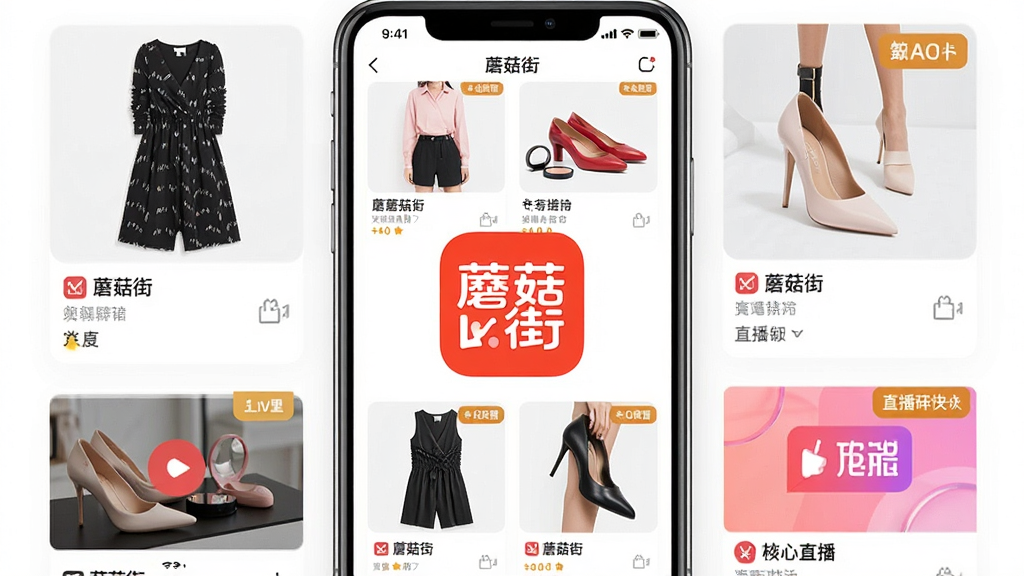 一张手机屏幕展示蘑菇街APP首页,画面中央是“蘑菇街”应用图标,周围环绕女装、女鞋、美妆、直播等购物元素,布局清晰,排版采用上下结构,风格为现代时尚电商风,细节包括商品卡片、直播窗口和优惠标签,画质高清,干净,无多余元素