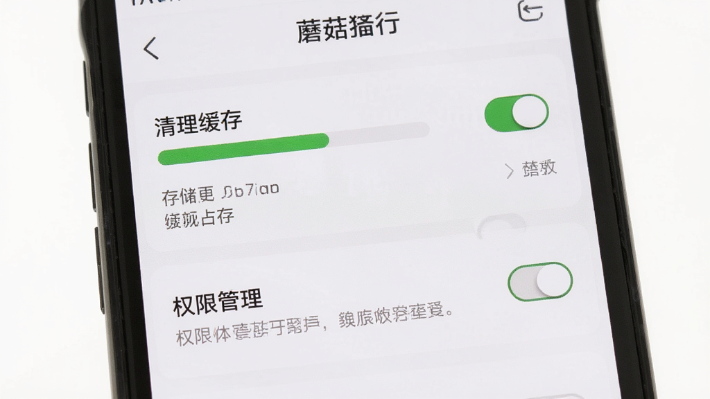 一部手机展示蘑菇街设置页面,画面主体是清理缓存和权限管理选项,布局为列表排列,排版简洁,风格为实用工具风,细节包括存储占用条、开关按钮和提示文字,画质高清,干净,无多余元素