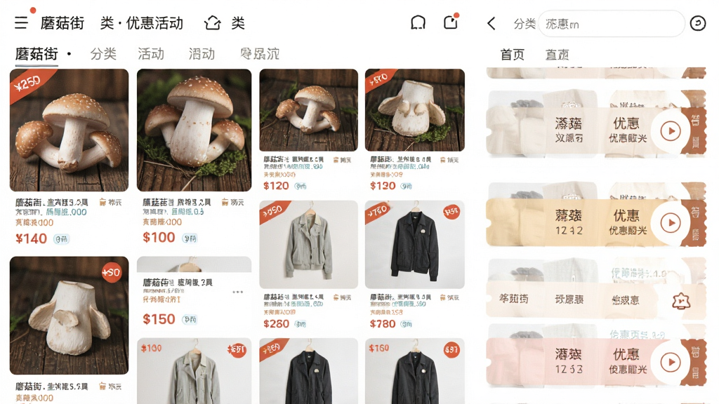 一张展示蘑菇街商品分类与优惠活动的手机截图,画面主体是商品瀑布流和优惠券标签,布局为网格排列,排版整齐,风格为清新简约的电商风,细节包括价格标签、折扣角标和分类导航,画质高清,干净,无多余元素