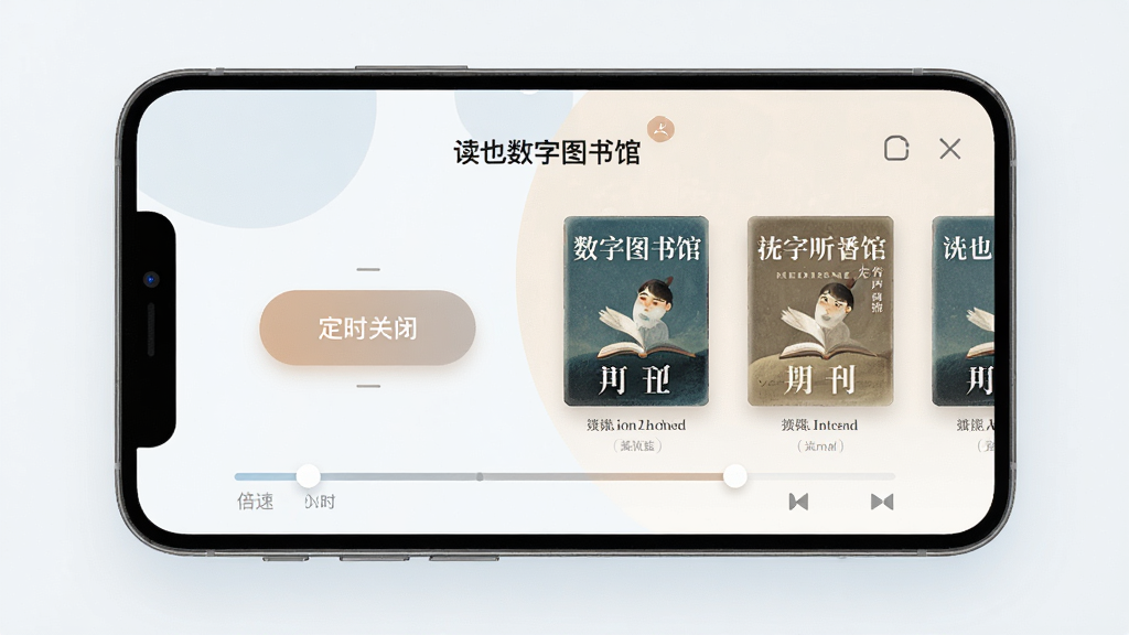 读也数字图书馆 有声听书播放界面 倍速按钮 定时关闭 播放进度 期刊封面展示 手机端布局 柔和配色 细节丰富 高清画质 干净无多余元素