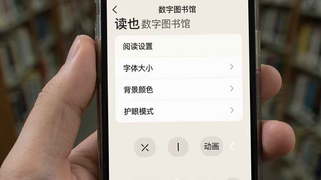 读也数字图书馆 阅读设置面板 字体大小 背景颜色 护眼模式 翻页动画 手机界面 功能选项清晰 操作直观 浅色主题 高清画质 干净无多余元素