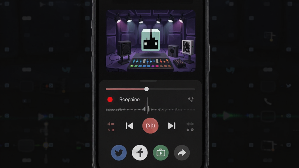 ����չʾ�������Alone marshmello���ư�¼�Ʒ������棬����Ϊ�ֻ���Ļ��ʾ¼���������ͷ�����ť������Ϊ���½ṹ���Ϸ�Ϊ������̨����ͼ���·�Ϊ¼�ƿ�����壬�Ű����������Ϊ�ִ��ƶ�Ӧ��UI���ϸ�ڰ�����ɫ¼��Բ�㡢���ν��������罻����ͼ�꣬���ʸ��塢�ɾ����޶���Ԫ�أ�����Ϊ��ɫ����