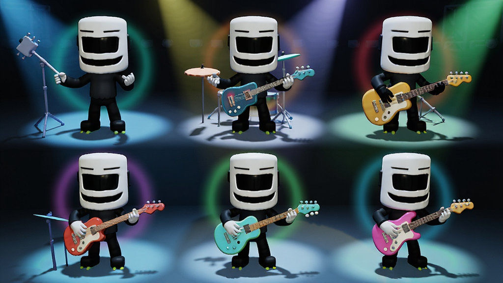 ����չʾ�������Alone marshmello���ư��ɫչʾ���棬����Ϊ�������Marshmello��ɫͷ���Ŀ�ͨ��ɫ�������У�����Ϊ�������У�ÿ����ɫ��̬�����ֲֳ�ͬ�����������Ű���жԳƣ����Ϊ��ͨ3D��Ⱦ���ӷ��ϸ�ڰ�����ɫ��Ӱ����̨�۹�ƺͲ�ɫ�������Σ����ʸ��塢�ɾ����޶���Ԫ�أ�����ɫ����������