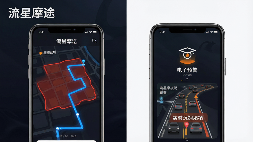 一幅展示“流星摩途”App核心功能的示意图,画面采用分屏布局,左侧是手机屏幕显示禁摩区域被红色标注、蓝色替代路线正在生成,右侧是手机屏幕显示电子眼预警图标和实时路况拥堵提示,背景是干净的深色渐变,整体风格科技感十足,细节清晰,画质高清,画面中带有“流星摩途”文字标识,干净无多余元素