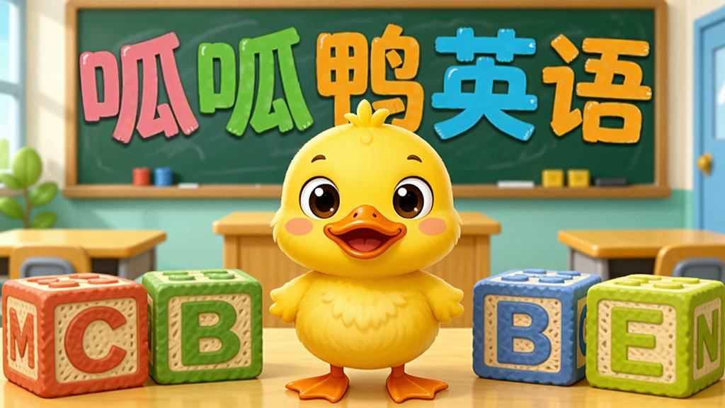 一只可爱的卡通黄色小鸭子站在色彩缤纷的英语字母积木中间,背景是明亮的教室场景,黑板上写着