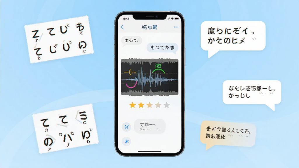 日语智能口语软件主界面全貌展示,画面中央放置一部智能手机,屏幕显示日语对话练习界面,包含发音波形图与评分星级,背景为浅蓝色渐变,周围漂浮日语五十音图卡片与对话气泡,整体风格清新简洁,UI设计现代扁平化,画质清晰干净无多余元素