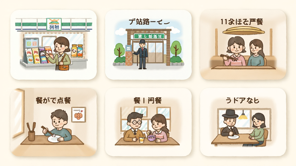 日语智能口语场景对话模拟功能展示,画面呈现多个对话场景卡片,包括便利店购物、车站问路、餐厅点餐等,每张卡片配有对应插画图标,卡片排列整齐,背景为柔和米白色,整体风格温馨实用,画质清晰干净