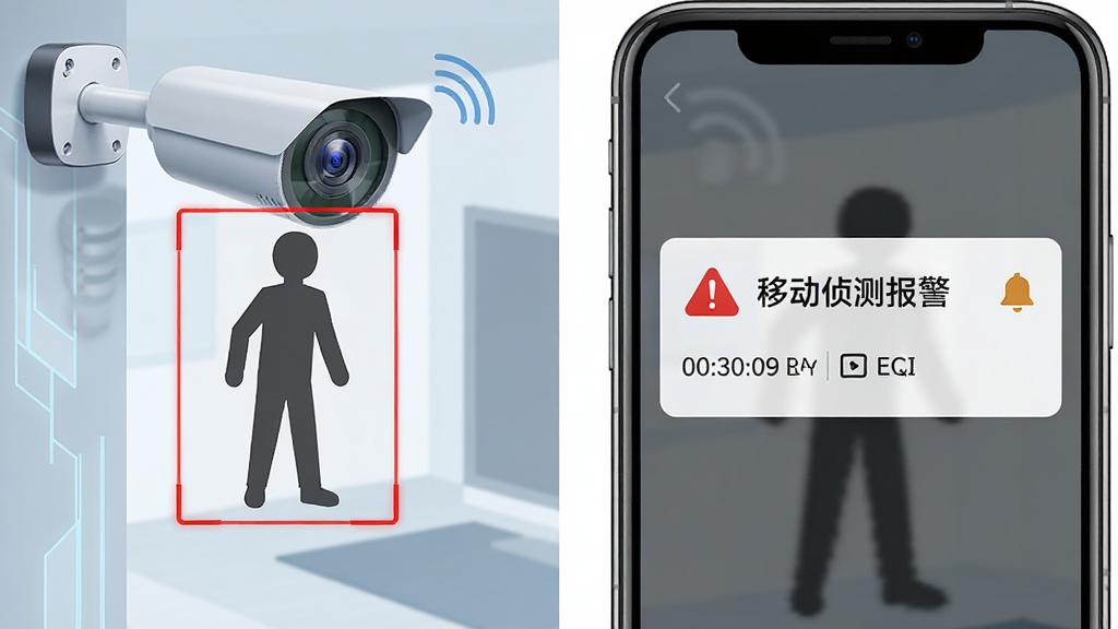 手机移动远程看家移动侦测报警推送功能展示,画面左侧是摄像头捕捉到的人形轮廓并带有红色方框标记,右侧是手机屏幕弹出报警通知卡片,通知卡片上有感叹号图标和“移动侦测报警”文字,布局为左右对比式,风格为科技安防插画,细节包括时间线、录制图标、铃铛图标,画质高清,干净,无多余元素