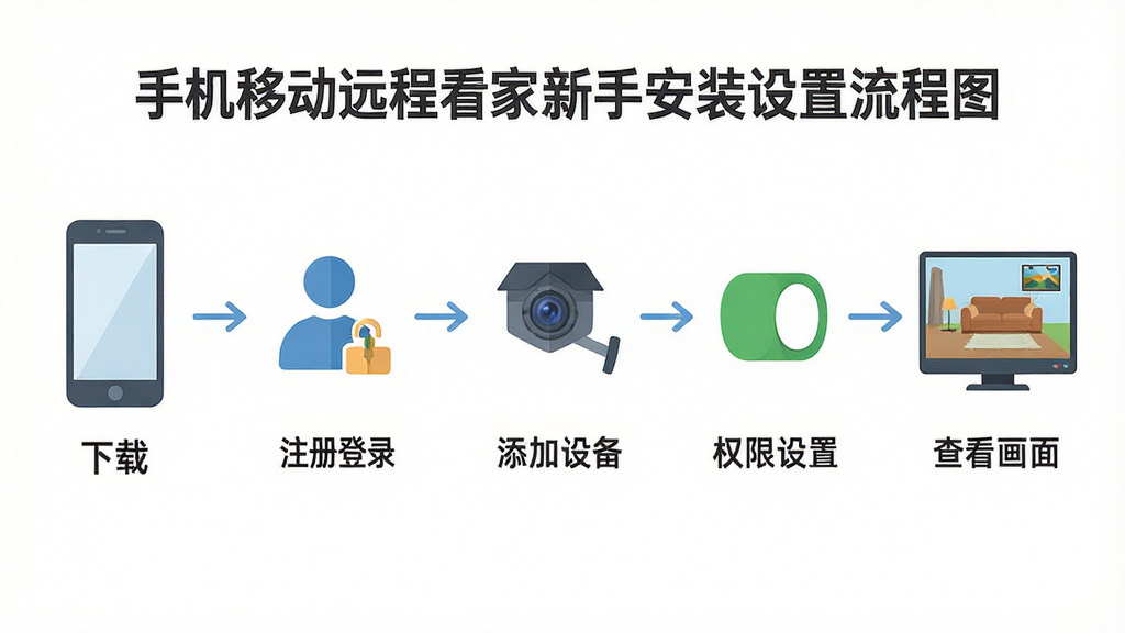 手机移动远程看家新手安装设置流程图,画面以流程图形式展示,从下载安装、注册登录、添加设备、权限设置到查看画面五个步骤,每个步骤用图标和简短文字标注,布局为横向流程式,风格为扁平化信息图,细节包括手机图标、账号图标、摄像头图标、权限开关图标、监控画面图标,画质高清,干净,无多余元素