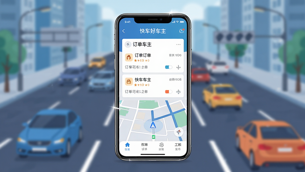 画面中央放置一部智能手机,手机屏幕上显示“快车好车主”应用主界面,界面包含订单列表和地图导航元素,背景为城市道路与车流虚化场景,布局采用居中对称构图,风格为现代科技感扁平插画,细节包括手机边框高光、界面图标清晰、道路线条流畅,画质高清,干净,无多余元素