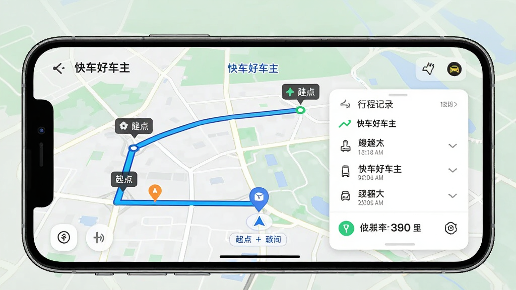 手机横屏展示“快车好车主”导航界面,地图上标注起点与终点路线,旁边悬浮行程记录卡片,布局为手机居中、地图铺满背景,风格为简洁UI展示图,细节包括路线高亮、时间与里程数字清晰,画质高清,干净,无多余元素